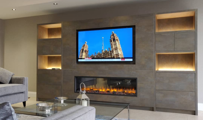 Ares TV cabinet with integrated LED's Modern living room featuring a wall-mounted TV above a contemporary fireplace.